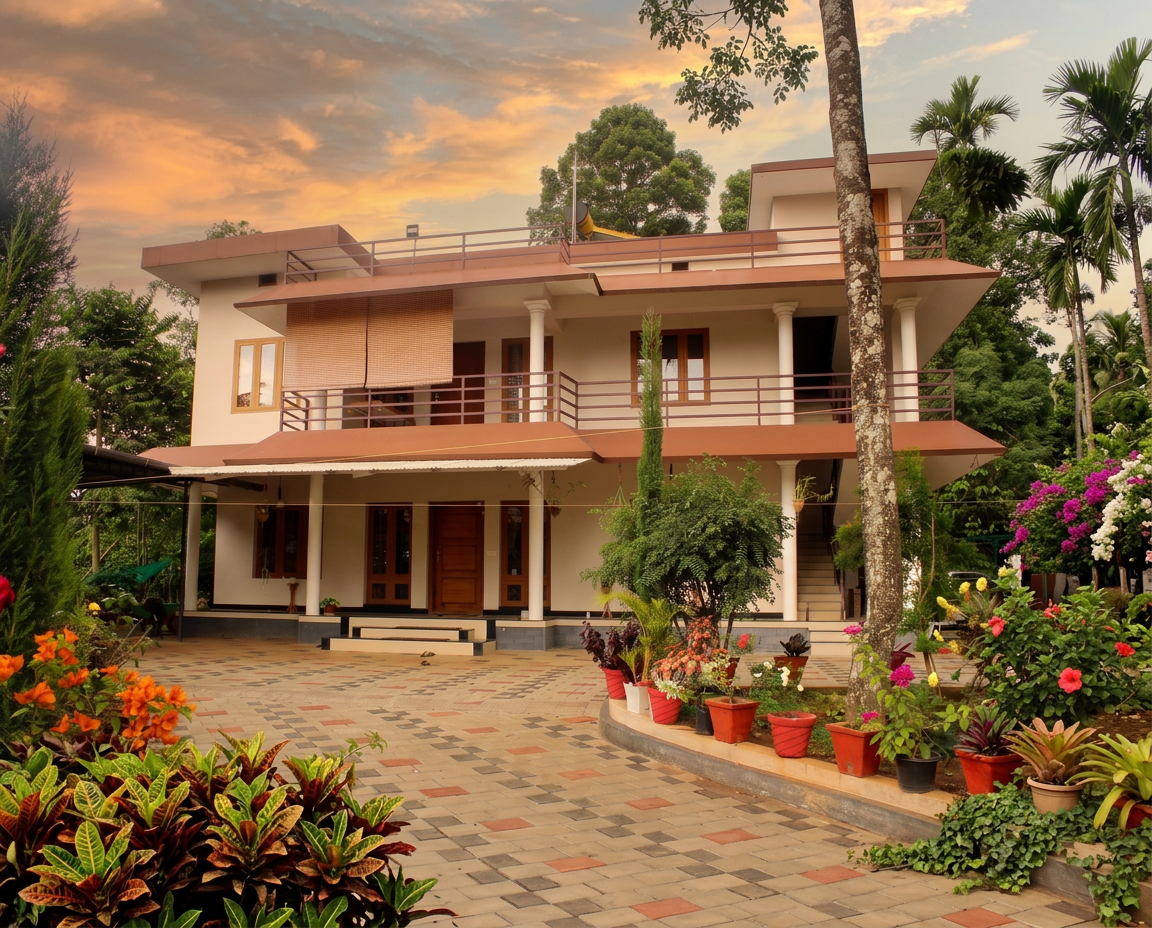 Front view of Anand Homestay in Kattappana, with its full multi-storey façade, roofline, balconies and flower-filled courtyard